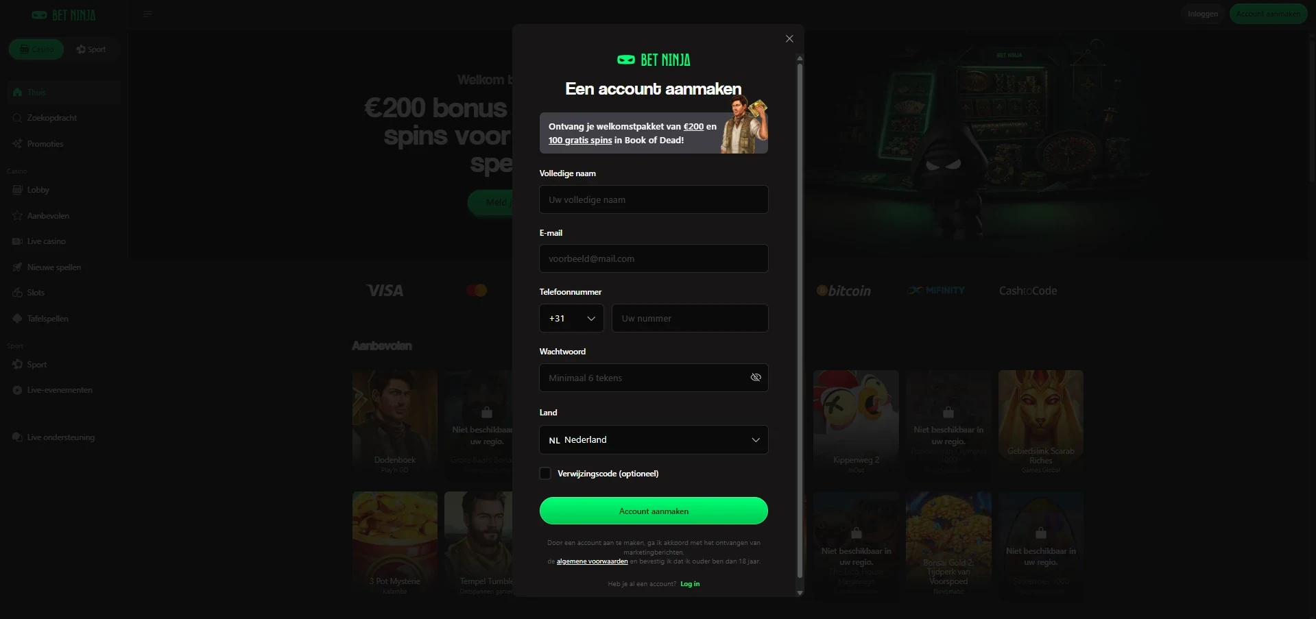 Bet Ninja casino registreren